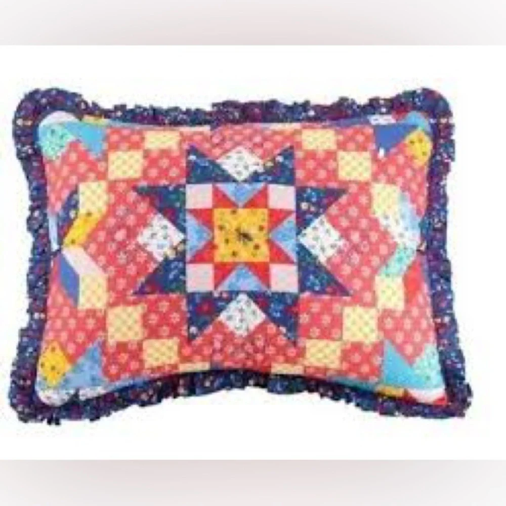 Pioneer Woman Country Starlight Patchwork Set 2 King Shams Ruffle Edges Red Blue